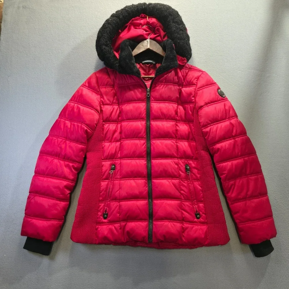 Nautica Women's Red Quilted Puffer Jacket – Faux-Fur Collar Hooded‎ Size Medium